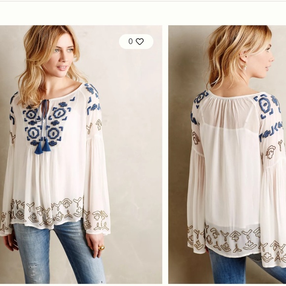 Anthropologie Diem Ivory Chiffon Embroidered Beaded Boho Flounce Peasant Top 6 - Picture 2 of 15